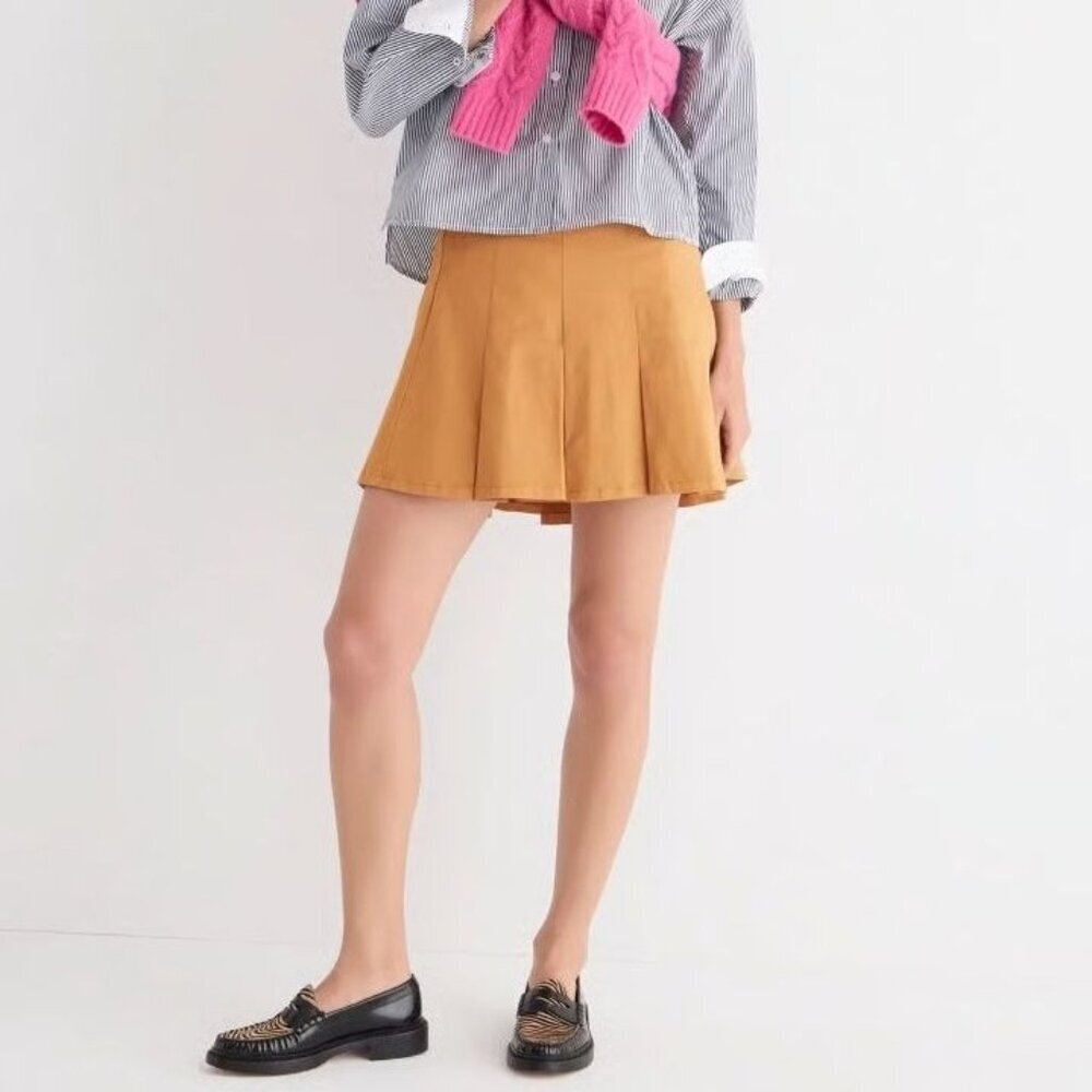 J. Crew Tan Stretch Cotton Poplin Chino Box Pleated Preppy Mini Skirt Size 4 NWT